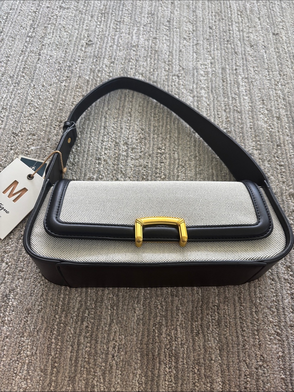 Miztique Cream Canvas and Black Leather Shoulder Bag with Gold Hardware